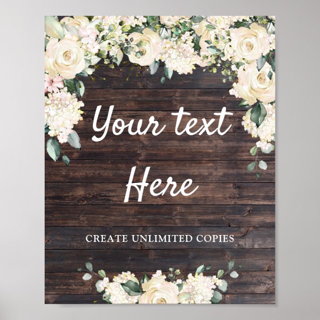 Affiche Rustic wood greenry white floral boho custom sign (Devant)