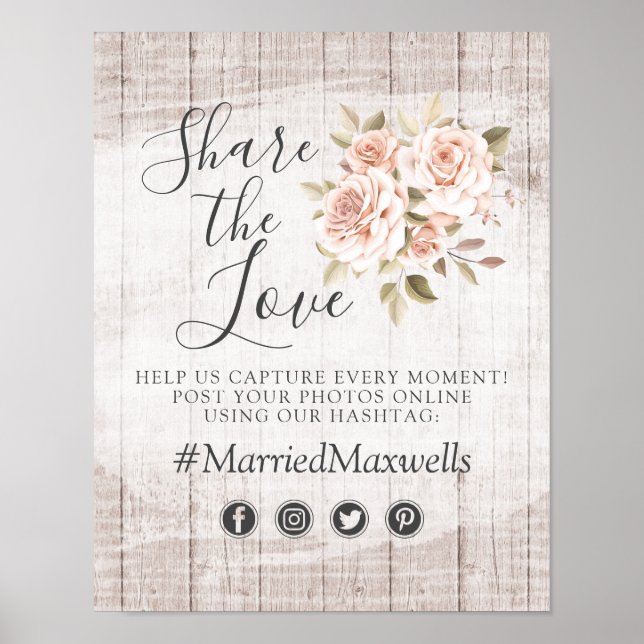 Affiche Rustic Wood Romantic Mariage Rose Hashtag Photo (Devant)