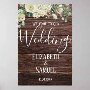 Affiche Rustic wood watercolor floral wedding Welcome Sign