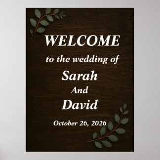 Affiche Rustic Wood Wedding Welcome Sign with Eucalyptus L