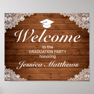 Affiche Rustic Wood & White Lace Graduation Welcome Party