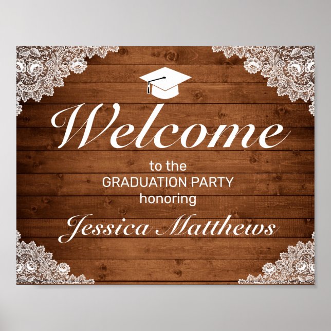 Affiche Rustic Wood & White Lace Graduation Welcome Party (Devant)