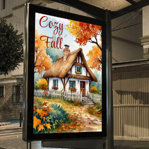 Affiche Rustique Automne Aquarelle Cottage Arbres Jardin