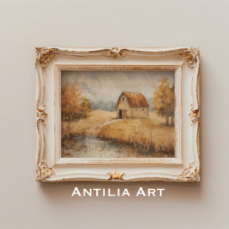 Affiche Rustique Autumn Grange Peinture Vintage Pond Paysa
