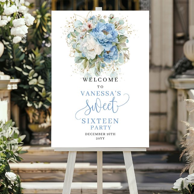 Affiche Rustique Bienvenue 16 ans Fleurs Bleu Poussiéreux  (Rustic Dusty Blue Floral 16th Birthday Welcome)