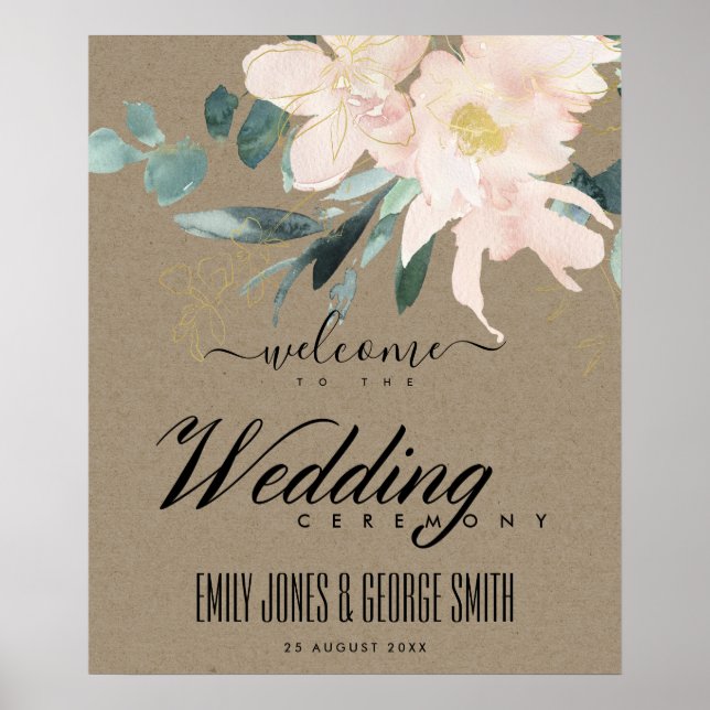 AFFICHE RUSTIQUE BLUSH KRAFT OR FLORAL MARIAGE ACCUEIL (Devant)