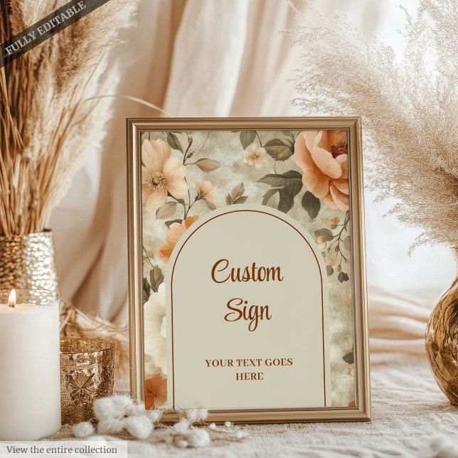 Affiche Rustique Bohème Orange Brûlé Ivoire Sage Fleurs Pe (Rustic Boho Burnt Orange Ivory Sage Floral Custom Sign)
