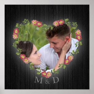 Affiche Rustique Bois Floral Coeur Photo et Initiales