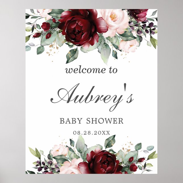 Affiche Rustique Bourgogne Blush Baby shower Floral Bienve (Devant)