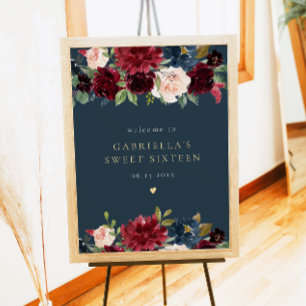 Affiche Rustique Bourgogne et Marine Floral Sweet 16 Bienv