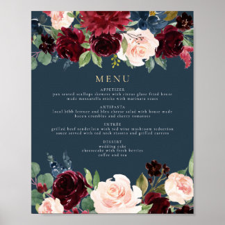 Affiche Rustique Bourgogne et Navy Floral Dinner Menu