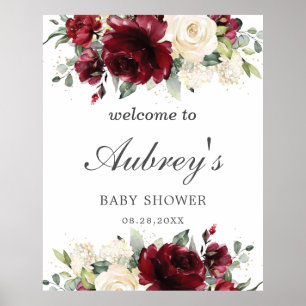 Affiche Rustique Bourgogne ivoire Baby shower Floral Bienv