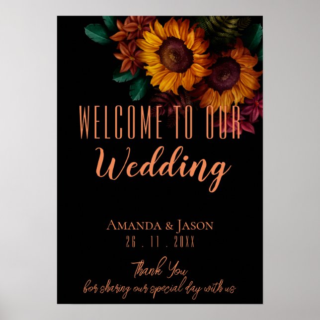 Affiche Rustique Burnt Orange Floral Mariage Bienvenue (Devant)