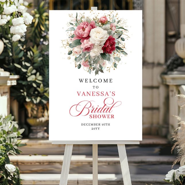 Affiche Rustique Chic Accueil de Fête de Mariage Floral en (Rustic Chic Burgundy Floral Bridal Shower Welcome)