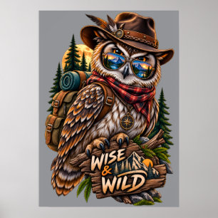 Affiche rustique de randonnée de hibou sage et sau