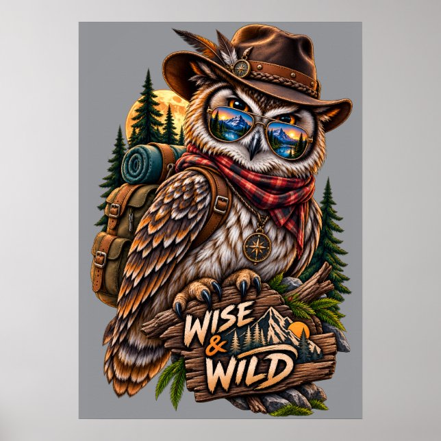 Affiche rustique de randonnée de hibou sage et sau (Devant)