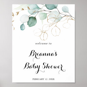 Affiche Rustique Eucalyptus Gold Baby shower Floral Bienve