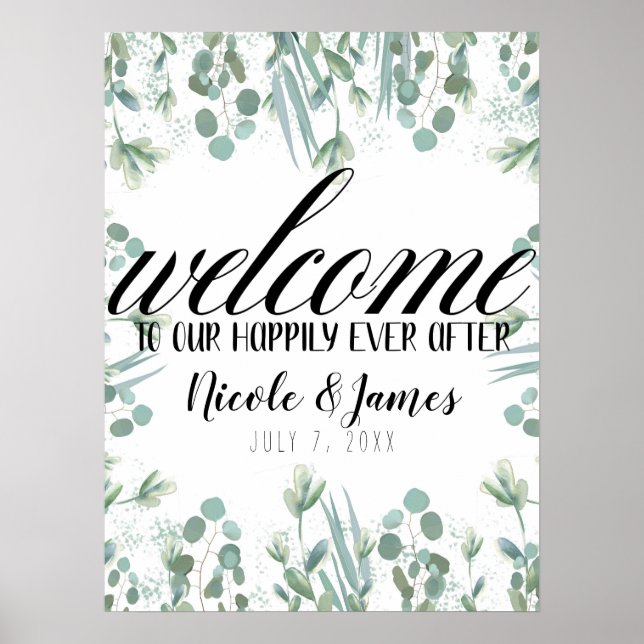 Affiche Rustique Eucalyptus Vert Feuille Mariage Bienvenue (Devant)