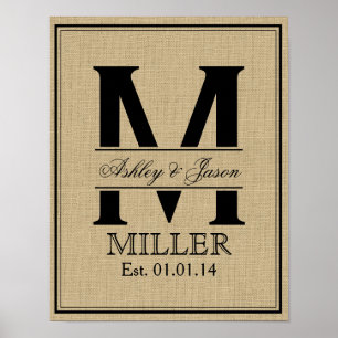 Affiche Rustique Faux Burlap Mariage Monogramme