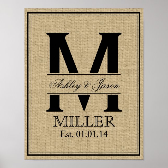 Affiche Rustique Faux Burlap Mariage Monogramme (Devant)