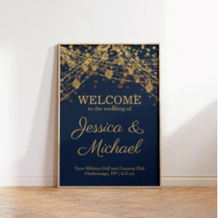 Affiche Rustique Glam Marine Blue Gold Mariage Bienvenue