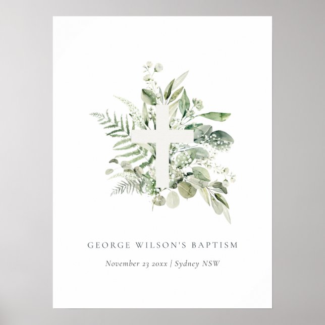 Affiche Rustique Green Eucalyptus Fern Foliage Croix Baptê (Devant)