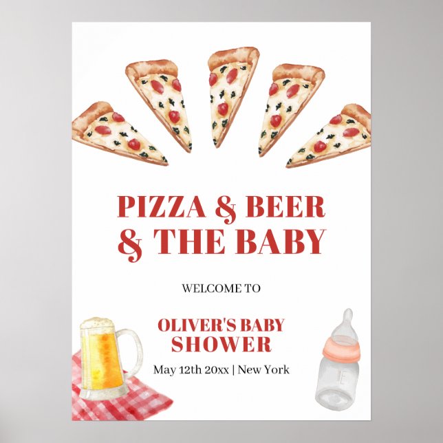 Affiche Rustique moderne Baby shower de bières de pizza Bi (Devant)