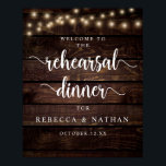 Affiche Rustique moderne, Dîner de répétition Mariage Bien<br><div class="desc">Poster de bienvenue pour le dîner de répétition Mariage, rustique et moderne, dans les lampes à cordes du cottage, thème du bois foncé.</div>
