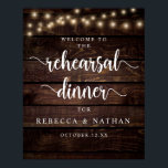Affiche Rustique moderne, Dîner de répétition Mariage Bien<br><div class="desc">Poster de bienvenue pour le dîner de répétition Mariage, rustique et moderne, dans les lampes à cordes du cottage, thème du bois foncé.</div>