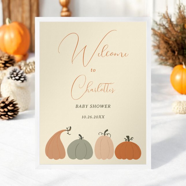 Affiche Rustique Neutral Automne Citrouille Baby shower Bi (Rustic Neutral Fall Pumpkin Baby Shower Welcome Poster)