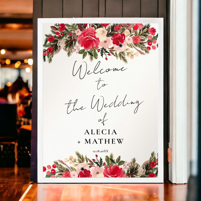 Affiche Rustique Rouge vert Floral Mariage d'hiver Bienven (Rustic Red green Floral Winter Wedding Welcome Poster)