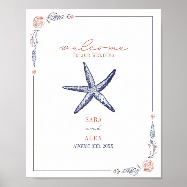 Affiche Rustique Starfish Red & Blue Beach Mariage Bienven (Devant)