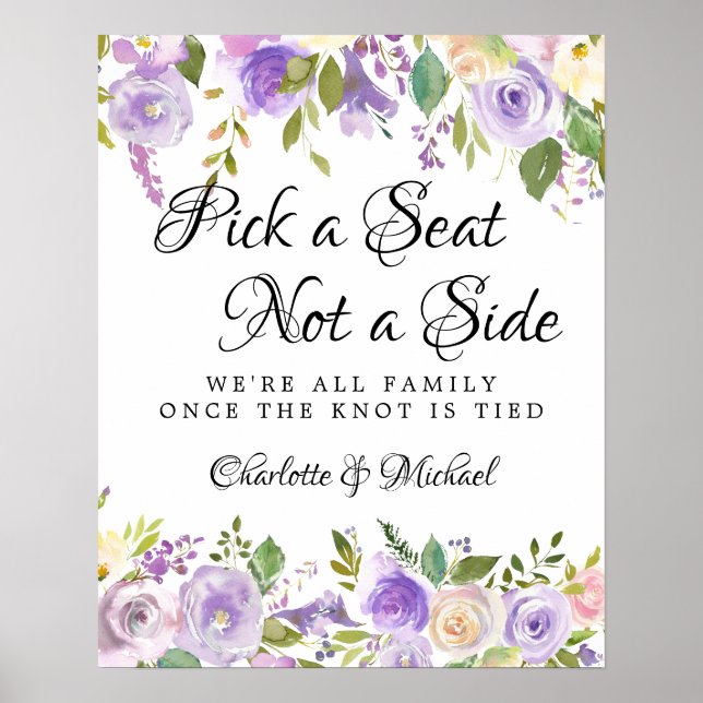 Affiche Rustique violet Rose Floral Mariage Cérémonie Sièg (Devant)