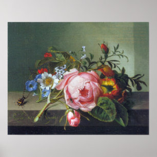 Affiche Ruysch - Branche Rose Avec Kafer Et Abee