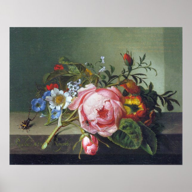 Affiche Ruysch - Branche Rose Avec Kafer Et Abee (Devant)