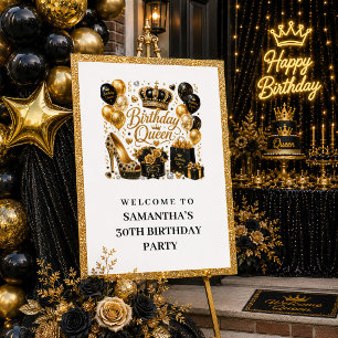 Affiche S Bienvenue Reine Anniversaire Paillettes Or Noir