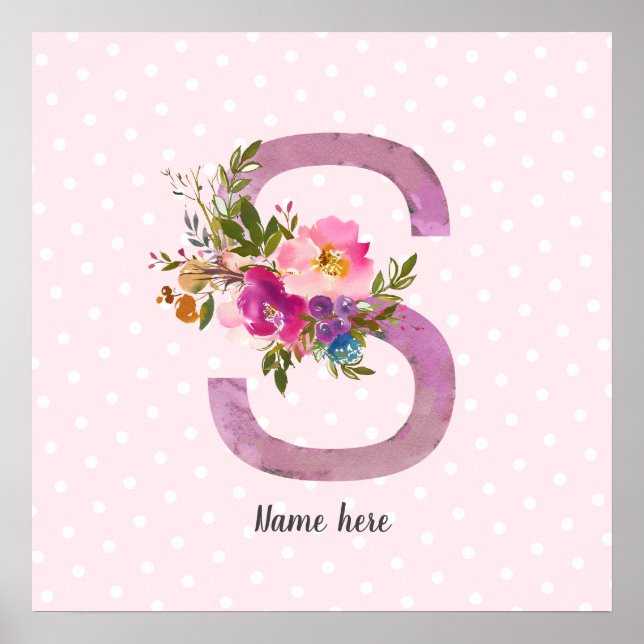Affiche S, Floral Monogramme initial, fleur d'aquarelle (Devant)