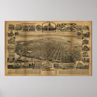 Affiche Sacramento California 1890s Antique carte panorami