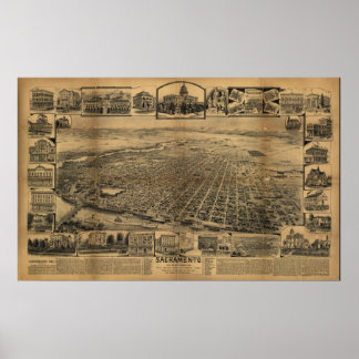 Affiche Sacramento California 1890s Antique carte panorami