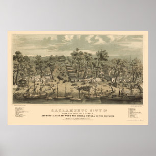 Affiche Sacramento, carte panoramique de CA - 1850