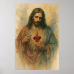 Affiche Sacre-Coeur de Jésus Art dévotionnel aquarelle