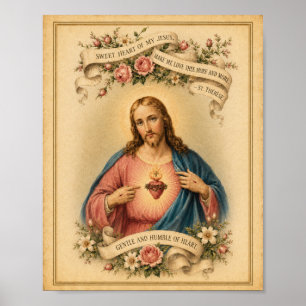 Affiche Sacré-Cœur de Jésus vintage avec prière de Ste Thé
