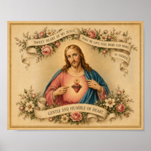 Affiche Sacré-Cœur de Jésus vintage avec prière de Ste Thé