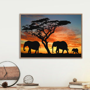 Affiche Safari Afrique Sunset Elephant Silhouette Art