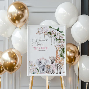 Affiche Safari Animal Tropical Baby shower rose Fleur