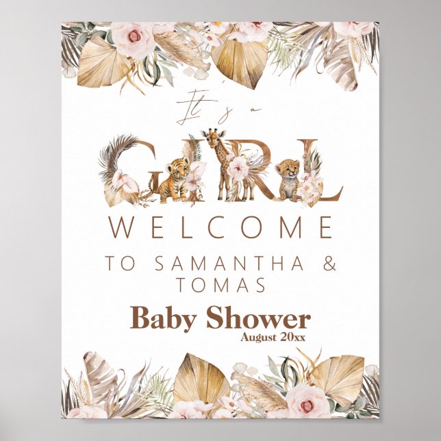 Affiche Safari Animal Tropical Floral Girl Baby shower (Devant)