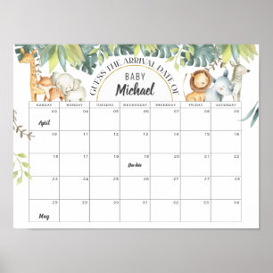 Affiche Safari animaux baby shower date d'échéance deviner