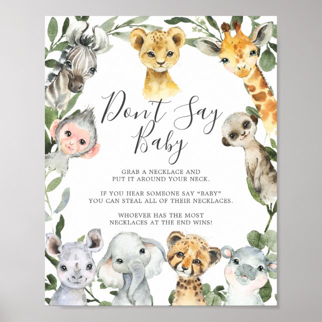 Affiche Safari Animaux Baby shower Ne pas dire bébé signe (Devant)