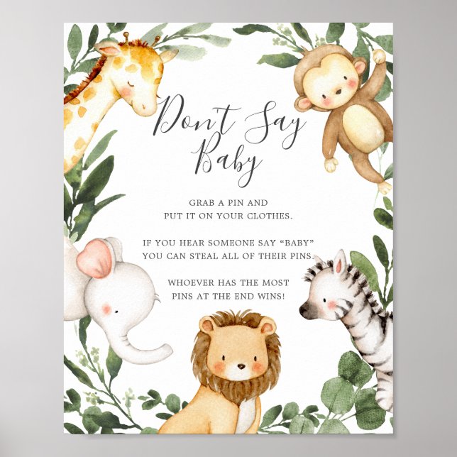 Affiche Safari Animaux Baby shower Ne pas dire bébé signe (Devant)