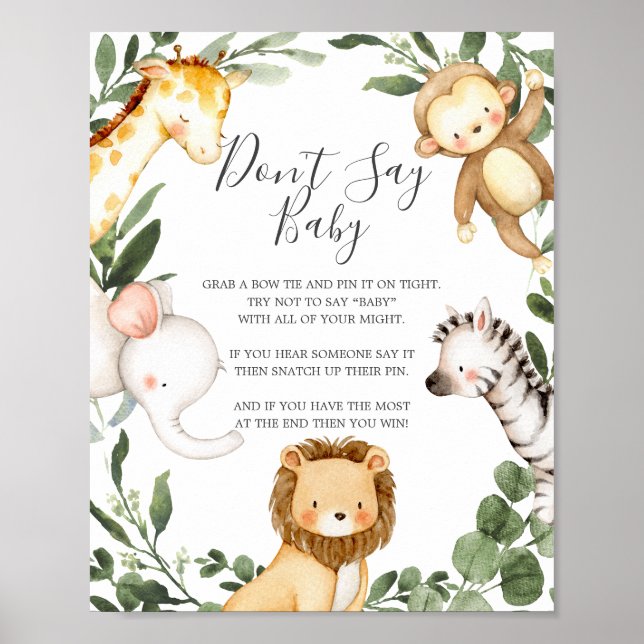 Affiche Safari Animaux Baby shower Ne pas dire bébé signe (Devant)